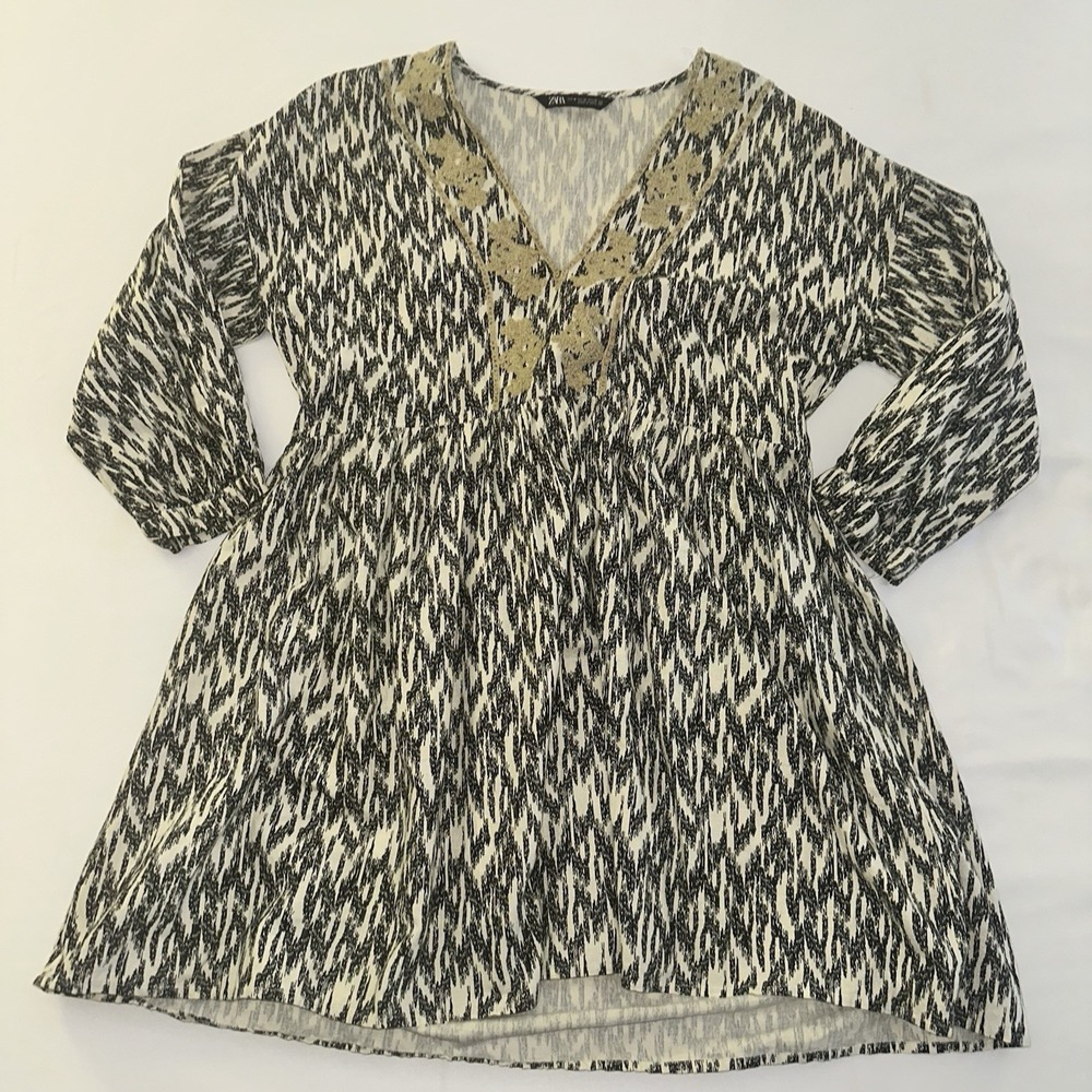 ZARA Embroidered l Mini Dress Tunic‎ Long Sleeve Cream Black  Size Medium